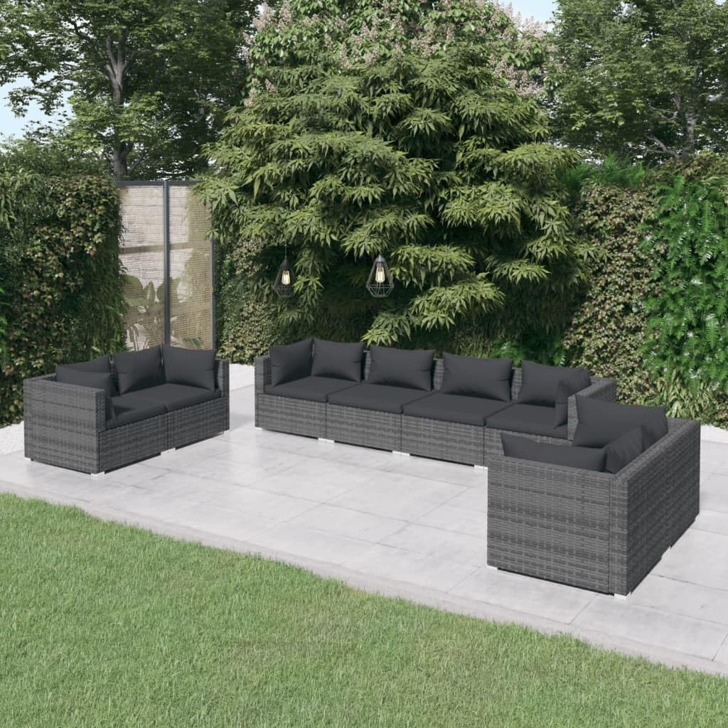 8 Piece Patio Lounge Set with Cushions Poly Rattan Gray,Versatile Patio Lounge Set: Durable and Comfortable Outdoor Seating Solution Patio Furniture Sets, Outdoor Furniture Sets