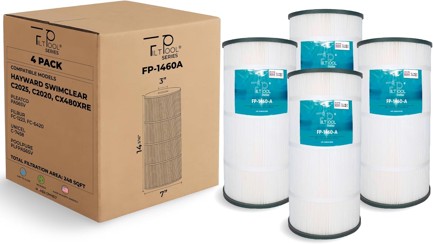 FP-1460A - Pool Filter Replacement for Hayward CX480XRE, C2025, C2020, Pleat PA56SV, Filbur FC-1223, FC-6420, Unicel C-7458 & PLFPA56SV - Swimming Pool Cartridge Filter - 4 Pack, 62 SQFT/pc