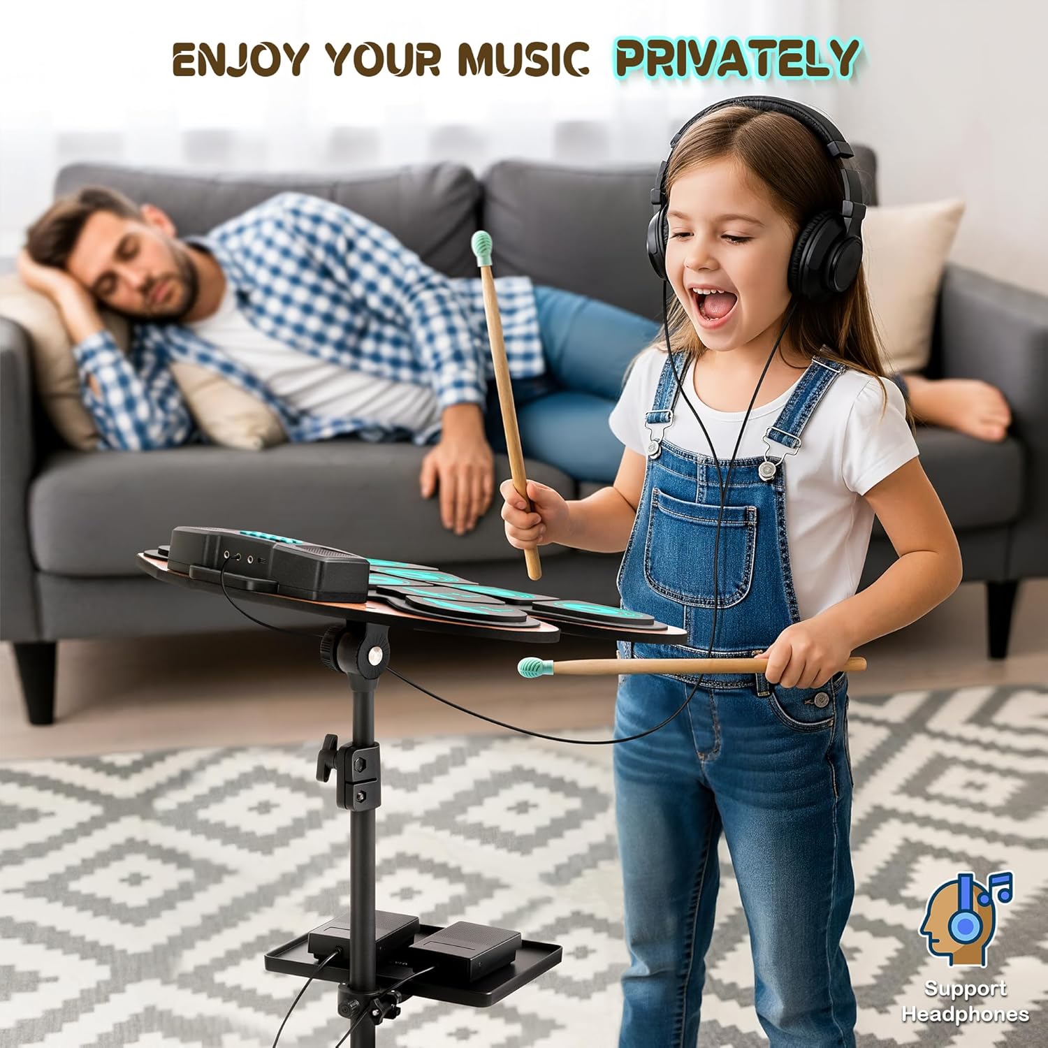 CAHAYA Electric Drum Pad Kids - Electronic Drum Set 9-Pads with Dual Speakers MIDI Portable Electric Drum Kit for Beginners Gift with Small Tray, Tripod Stand, Drumstick Bag