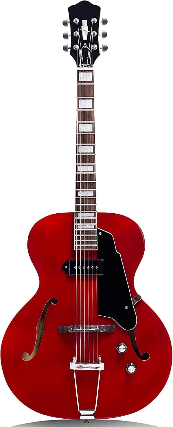 Jazz Archtop Electric Guitar Hollow Body with P90 Pickup,Trapeze Tailpiece Bridge Perfect for Rock, Blues, and Jazz Music (Red)