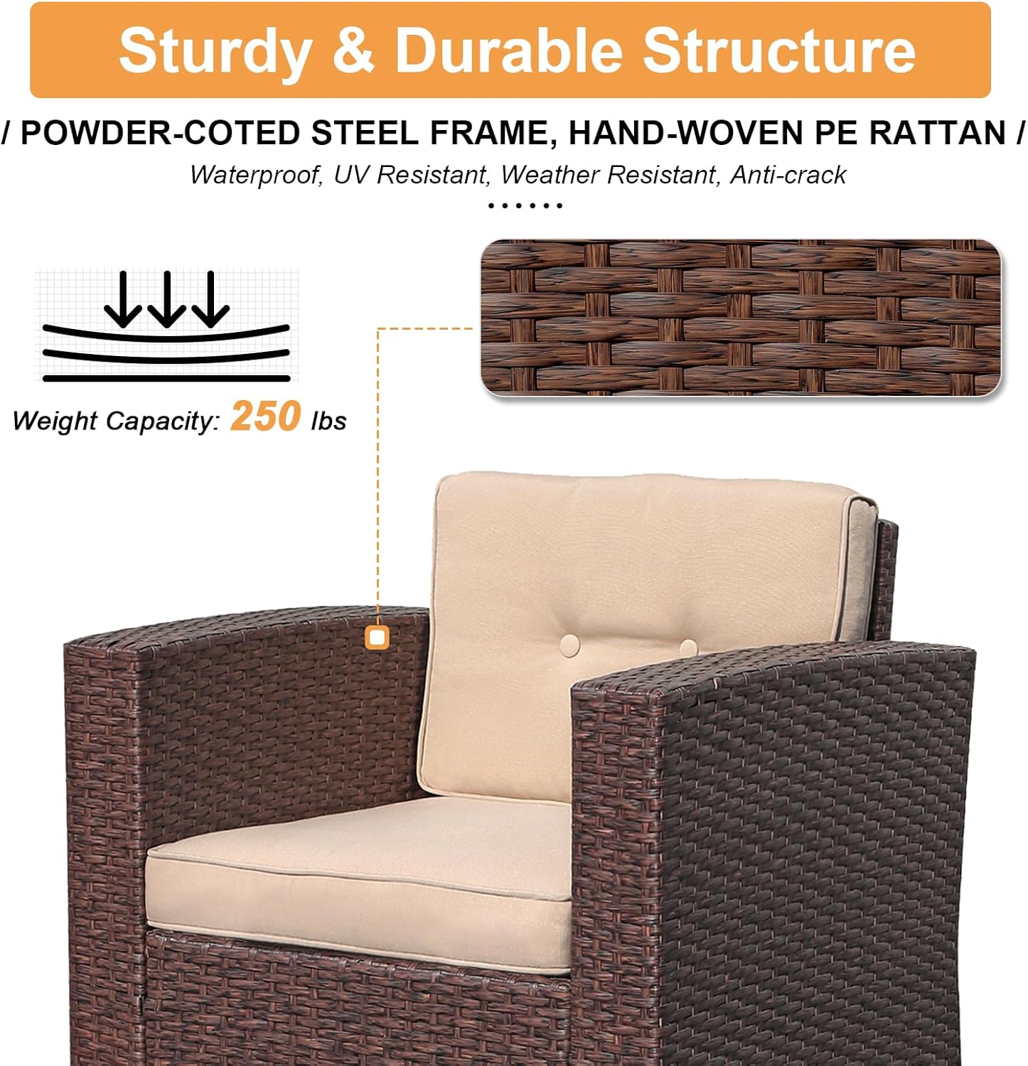 Super Patio 8 Pieces Outdoor Patio Furniture Set with 45” Fire Pit Table, Rattan Patio Conversation Sets with 50000 BTU Gas Fire Pit, Wicker Sectional Sofa Set with Storage Box, Brown(Without Table)