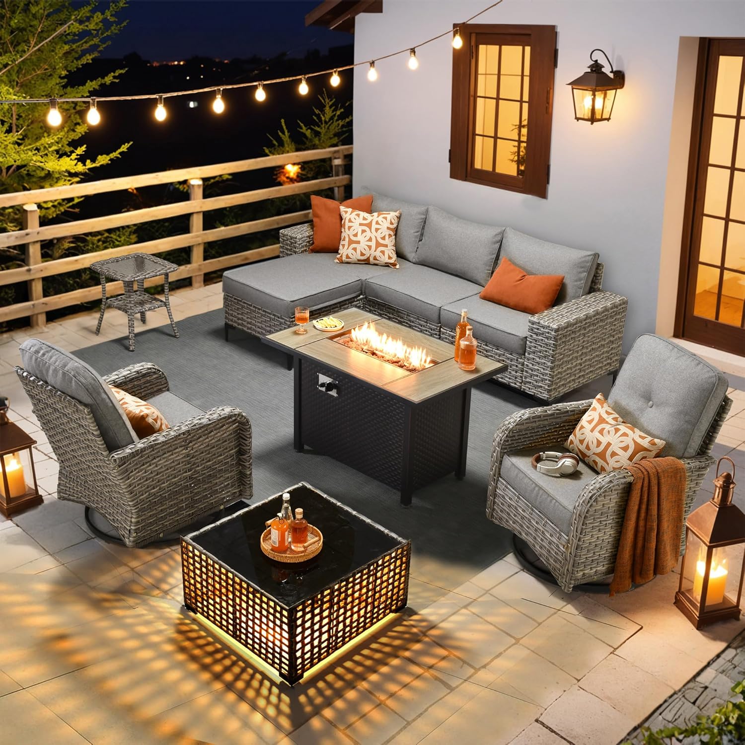 HOOOWOOO Outdoor Sectional Furniture Set with Fire Pit Table,9 Pieces Wicker Patio Conversation Sets,L Shape All Weather Outside Couch Sofa Set with Swivel Chairs Solar Table Ottoman,Charcoal Gray