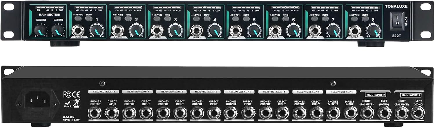 8-Channel Headphone Mixing Distribution Amplifier, Mountable High-Power Headphone Splitter Amp with Mono/Stereo Modes, 16 Headphone Outs, LED Meters for Studio & Live Sound Monitoring