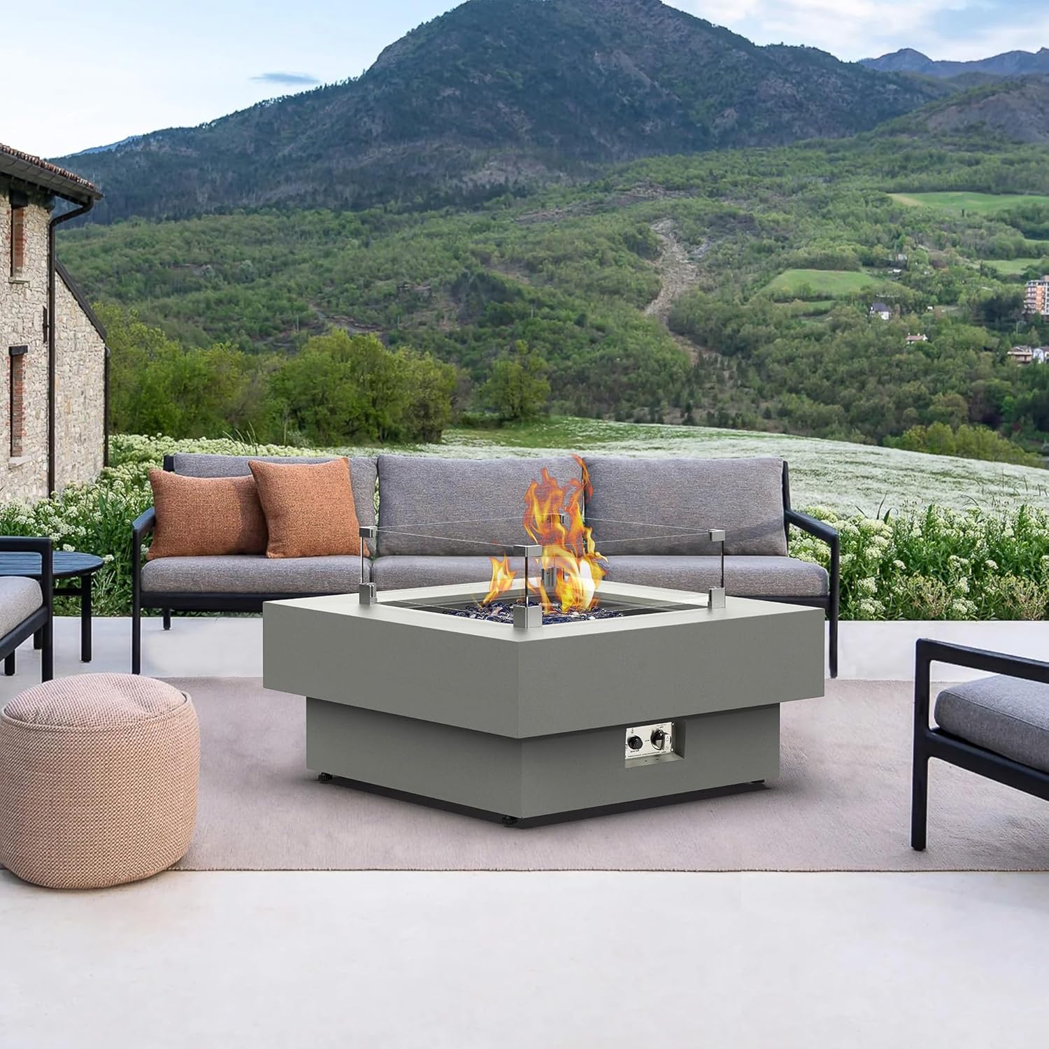 32.5-inch Fire Table with Natural Gas Conversion Kit & Wind Glass Shield, 50,000BTU Outdoor Modern Patio Fire Pit Table w/Square Burner Lid, Glass Rocks, Cover