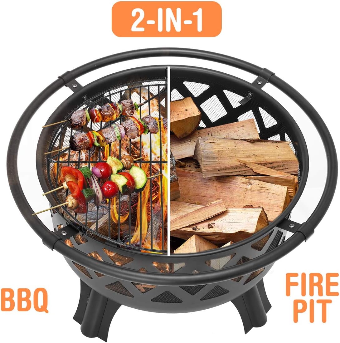 36 Inch Fire Pits for Outside Outdoor Wood Burning Firepit with BBQ Grate Large Heavy Duty Steel Firepit Bowl Bonfire Pit for Patio Backyard Garden Camping