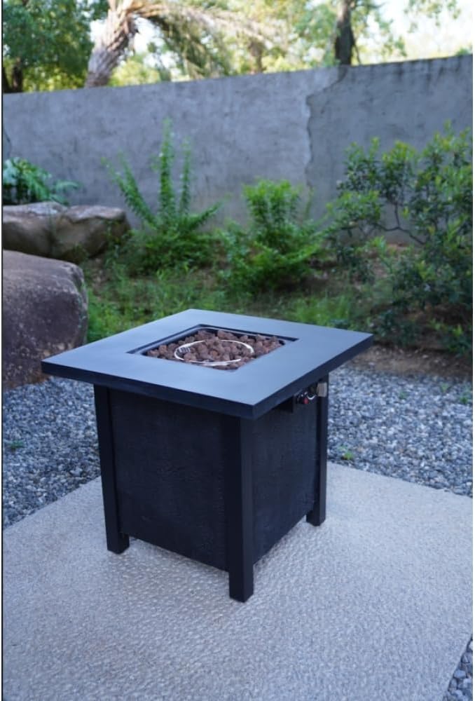 28 Inch Square Outdoor Propane Fire Pit Table with 50000 BTU Heat Output, Fiberglass and Iron Construction for Patio Garden Use
