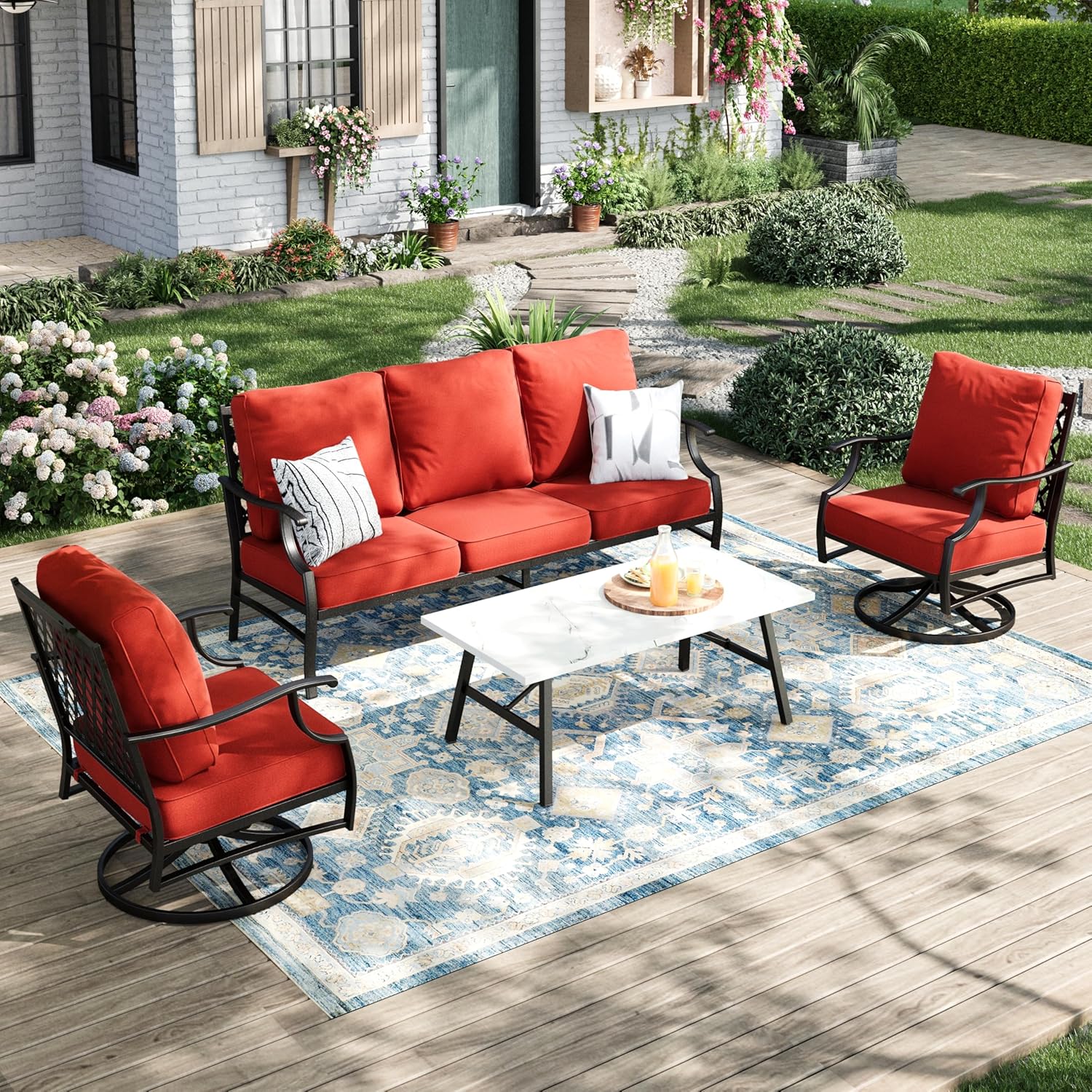 Patio Furniture Set 4 pcs, Metal Outdoor Patio Furniture, 3-Seat Sofa, 2 Swivel Chairs, Coffee Table and 5.75