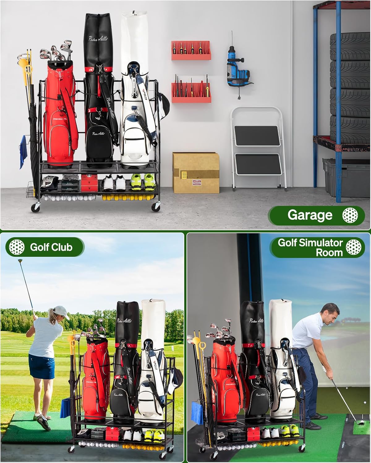 Golf Bag Storage Garage Organizer- Golf Bag Stand Fit for Golf Bags, Golf Clubs, Golf Balls, Golf Equipment Accessories, Golf Bag Storage Rack with Wheels for Garage