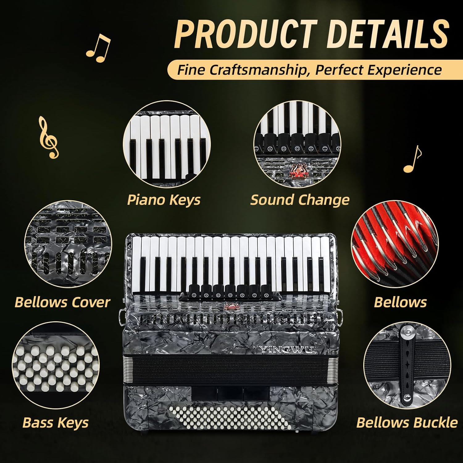 Accordion, 37 Keys 96 Bass Professional Accordion for Beginners and Advanced Players with Backpack and Strap (Gray)