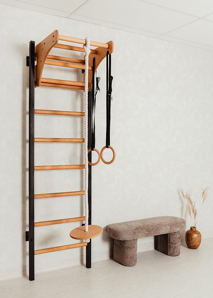211B+A076 Wallbars, Stall Bars, Swedish Ladder, Gymnastic Ladder with 8 Beech Oval Rungs, Adjustable Beech Wooden Pull Up Bar and Gymnastic Accessories Such as Wooden Rings