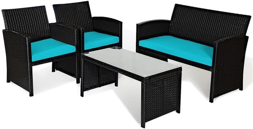 Pemberly Row 4PCS Patio Rattan Furniture Conversation Set Garden Turquoise