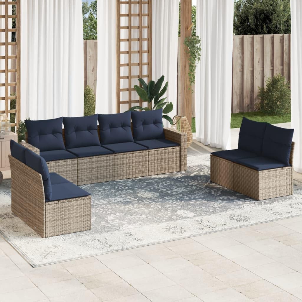 9 Piece Patio Sofa Set with Cushions, Gray Poly Rattan Outdoor Furniture, Modular Design for Backyard Terrace, Tempered Glass Tabletop