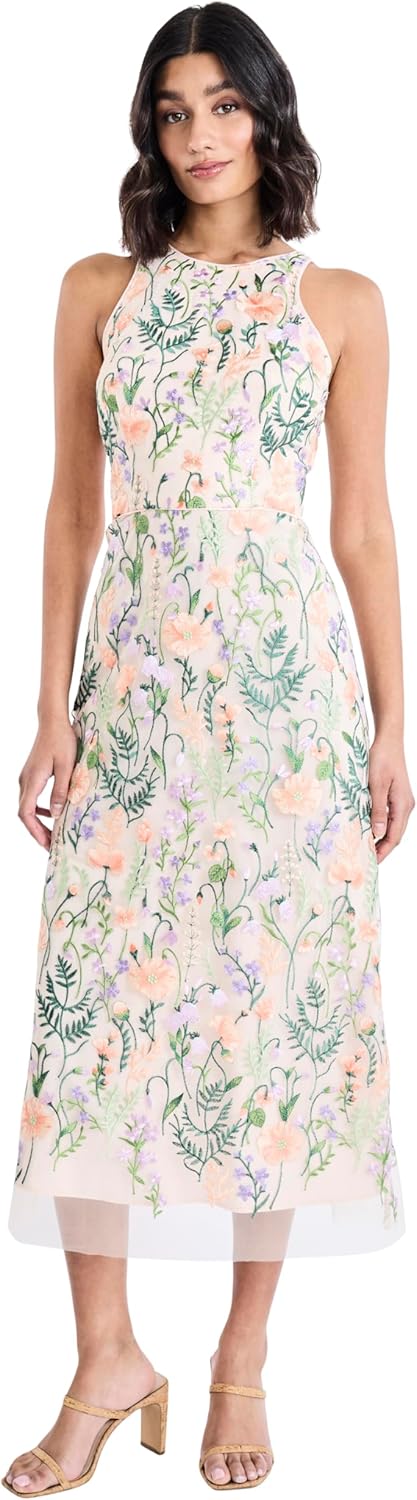 Maggy London Women's Dresses Floral Embroidered Halter Neck Midi Dress with Back V-Neck