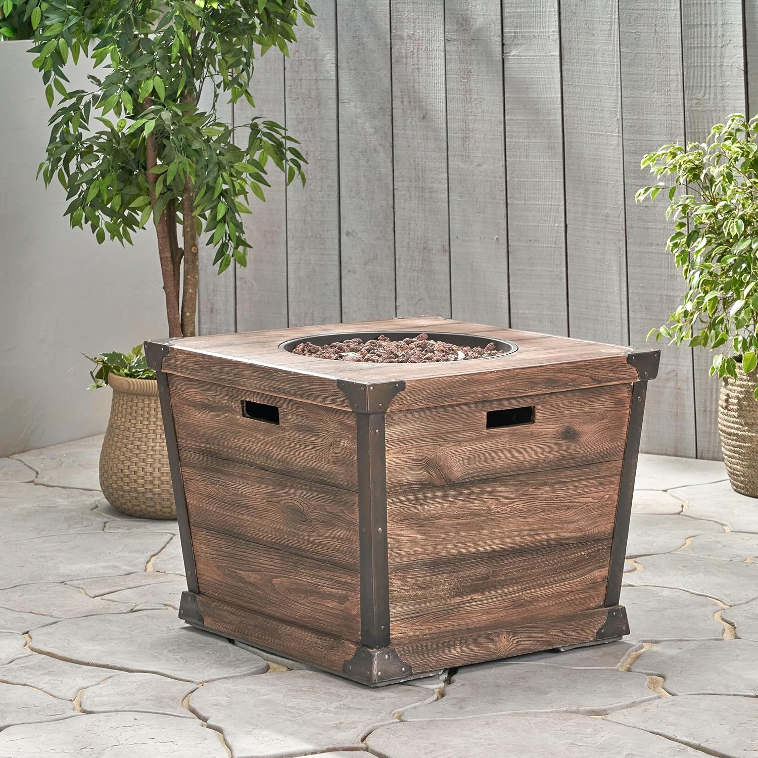 Outdoor Patio 24x32 Inches Square Gas Fire Pit-Concrete Wood Pattern, Brown, 40,000 Btu, Built-in Tank, Ideal for Backyard, Deck (1 Doors)