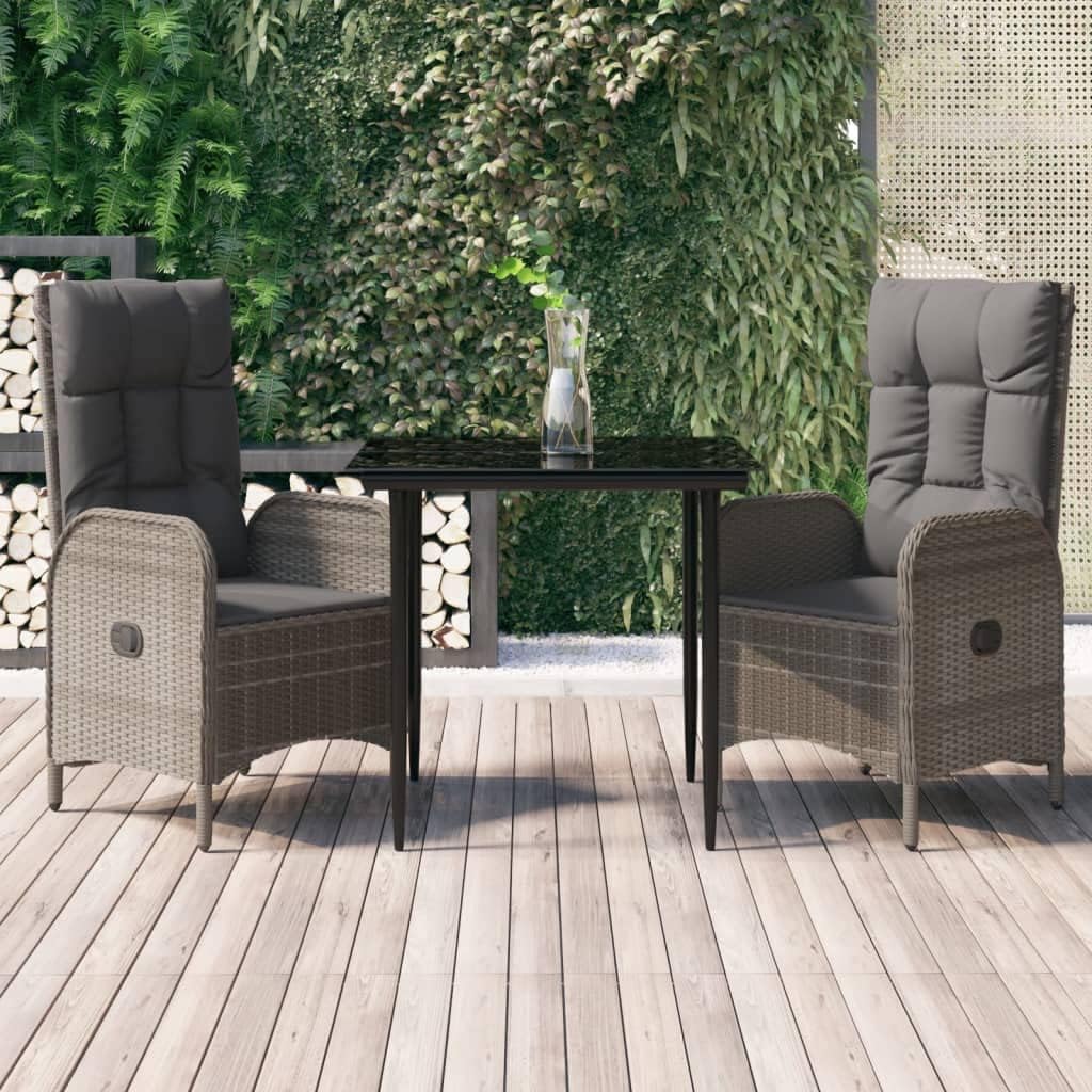 3 Piece Patio Dining Set with Cushions Black and Gray Poly Rattan,Elegant Outdoor Dining Set with Reclining Chairs for Patio or Garden Furniture Sets for Patio, Lawn & Garden