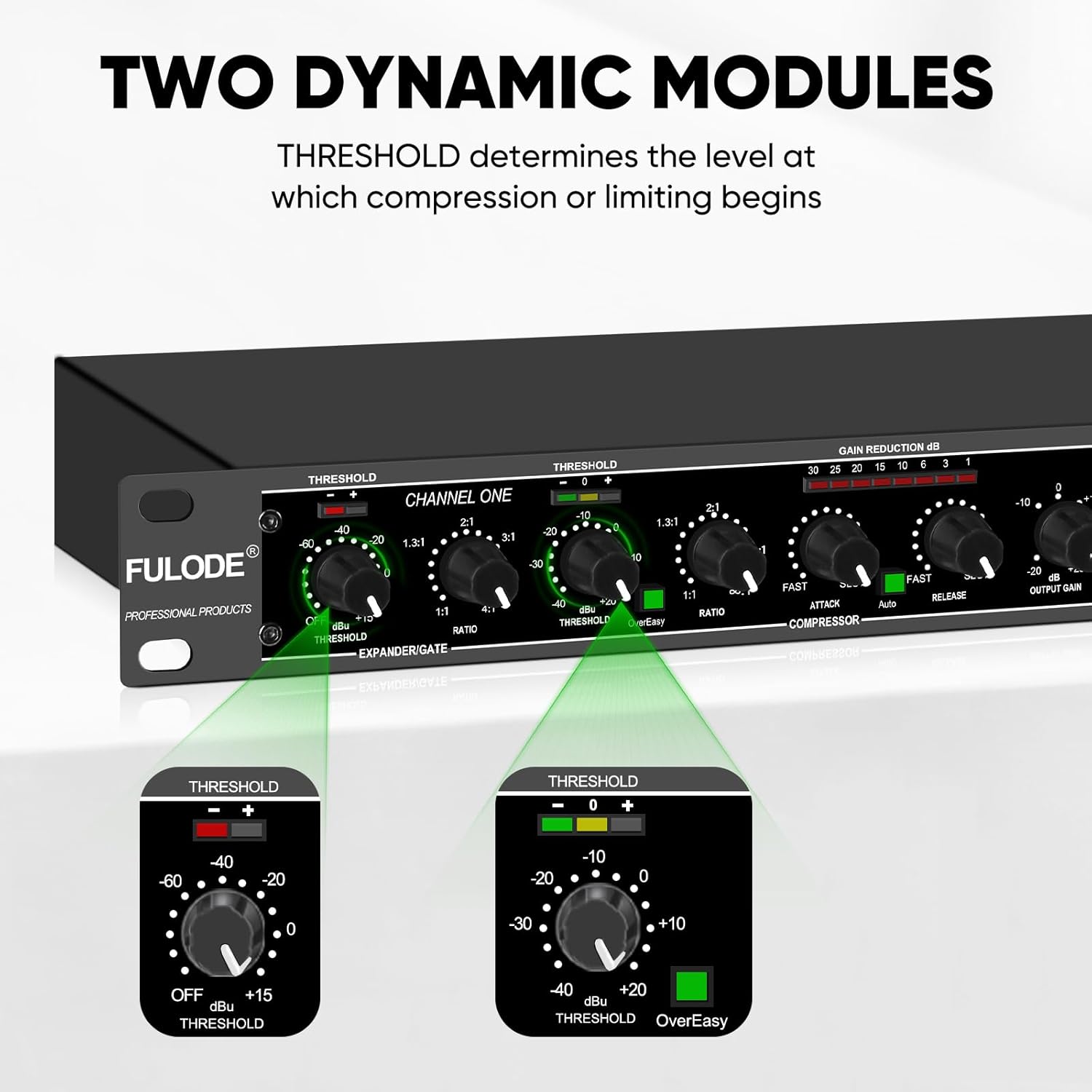 Audio Compressor, Professional Dual-Channel Rackmount Vocal Compressor/Limiter with Noise Gate, Sidechain Insert, and XLR/TRS Inputs for Studio, Live & Streaming