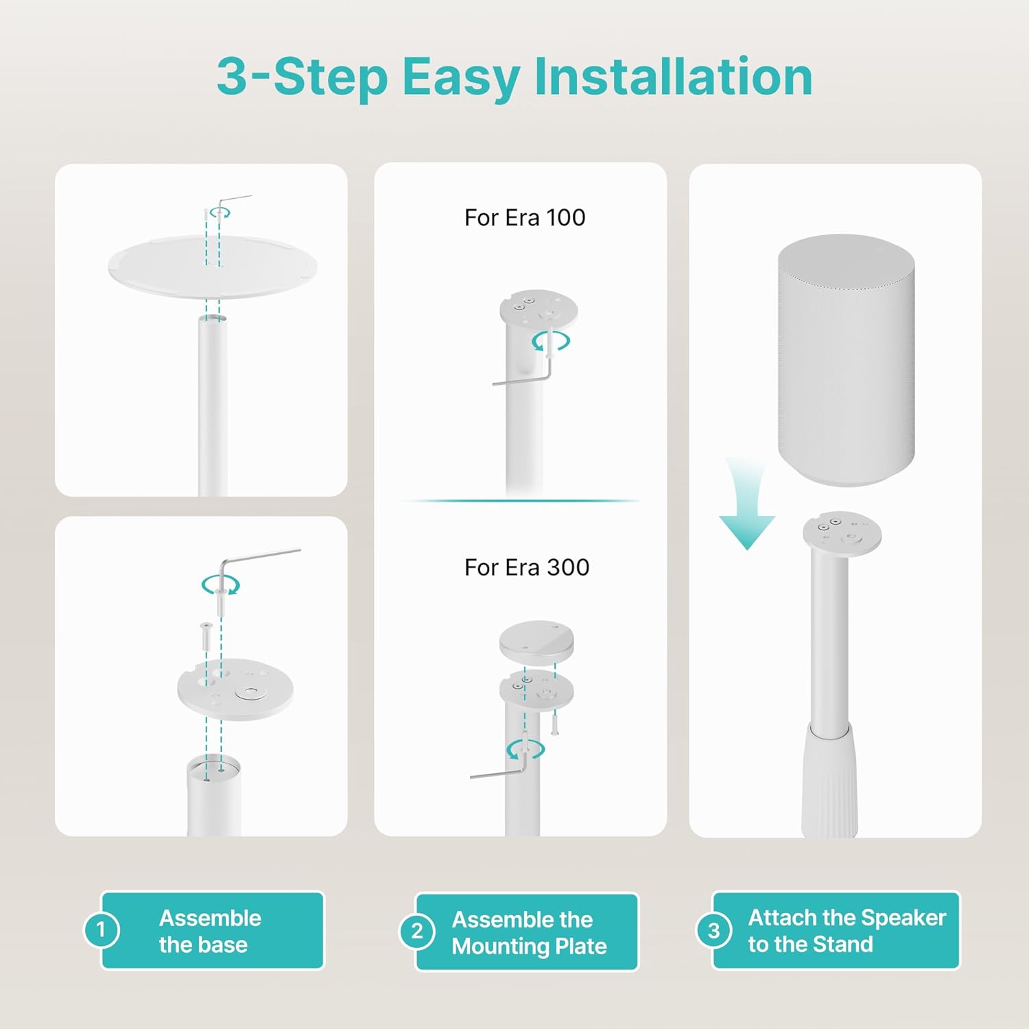 Speaker Stands Pair for Sonos Era 100 and Era 300, Height-Adjustable from 26.9