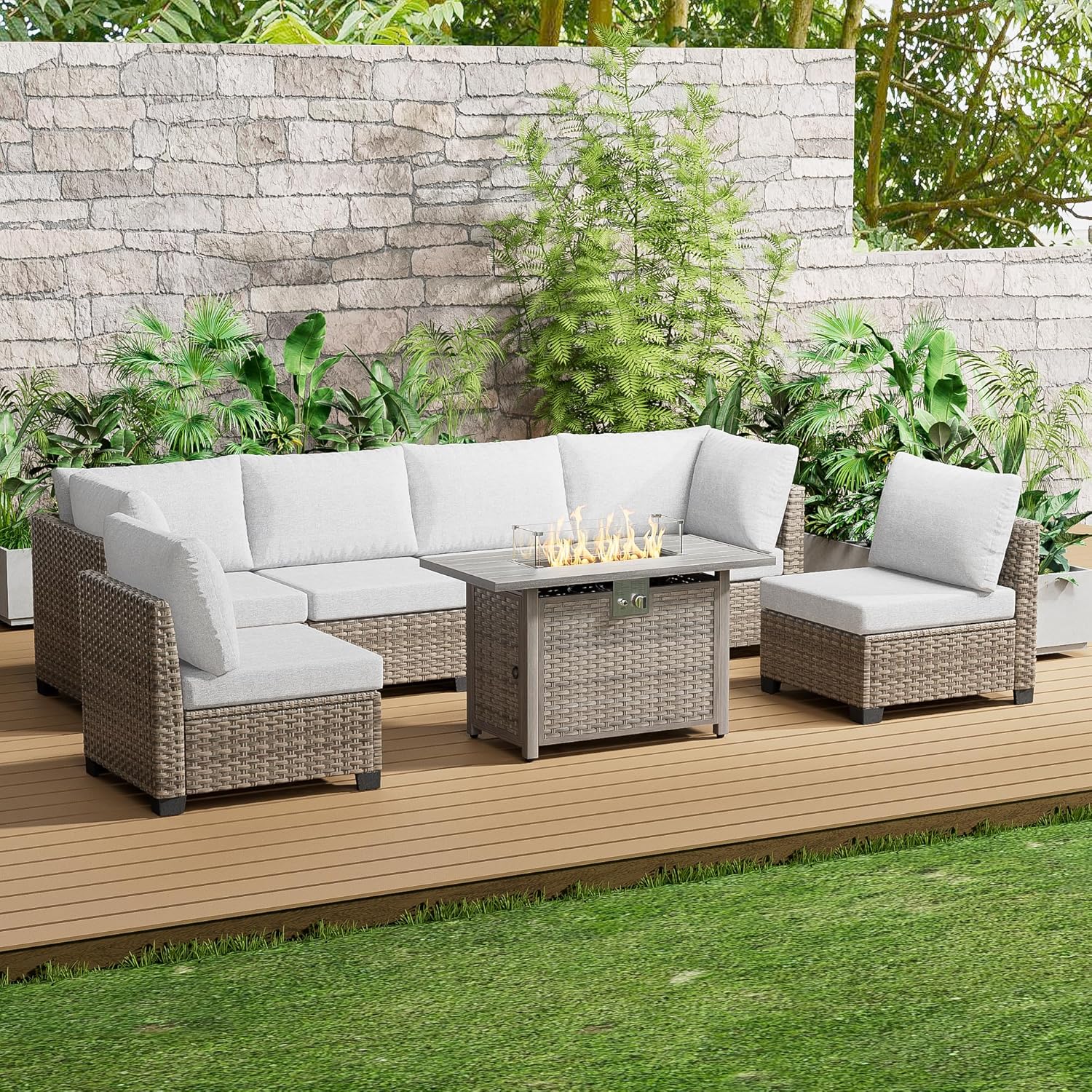 Patio Furniture Set Q01 Series Sofa 7 Pieces Outdoor Furniture Set Sectional Couch with Fire Pit Table Balcony Furniture Patio Table and Chairs Set with Propane Fire Pit