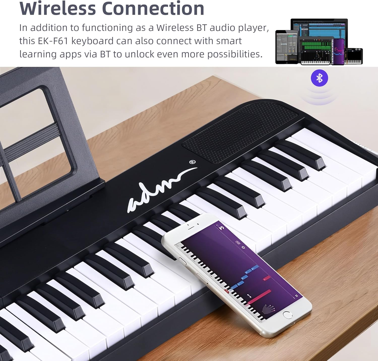 ADM 61 Key Folding Electric Piano Keyboard, Foldable Electronic Keyboard, Wireless 128 Tones, 128 Rhythms Includes Pedal, Gig Bag, Headphones for Beginners, Students, Teenagers, Adults, Black