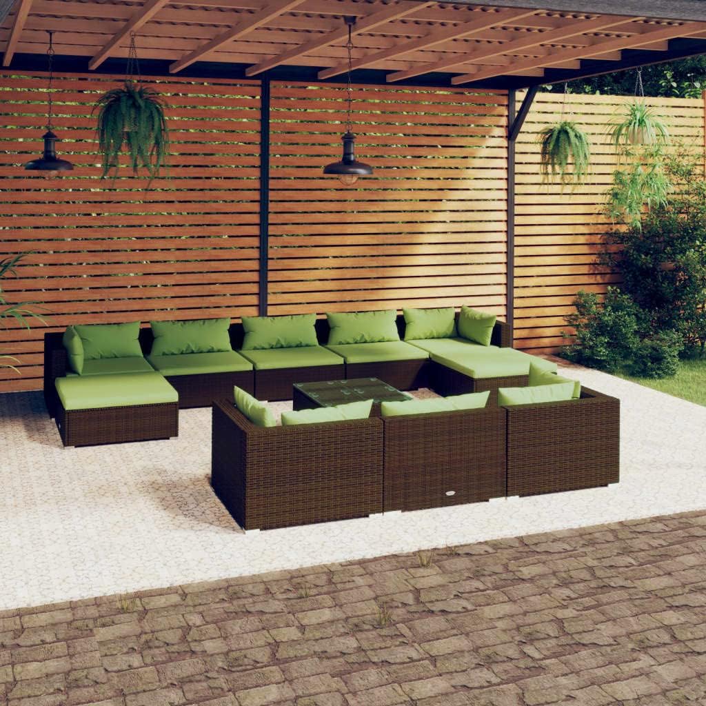 11 Piece Patio Lounge Set with Cushions Brown Poly Rattan,Modular Patio Lounge Set with Green Cushions and Coffee Table for Outdoor Relaxation Patio Furniture Sets, Outdoor Furniture Sets