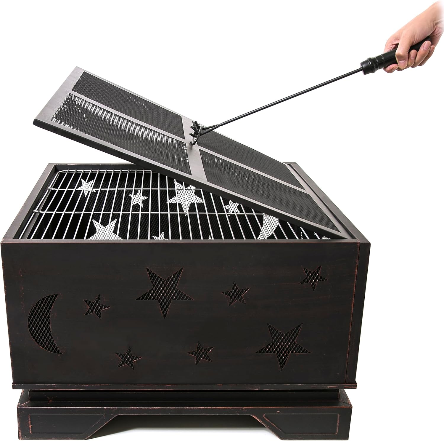 26 Inch Square Fire Pit with BBQ Grill, Outdoor Wood Burning Firepit with Poker, Large Burning Space Fireplace for Patio Garden Camping Backyard Picnic Bonfire