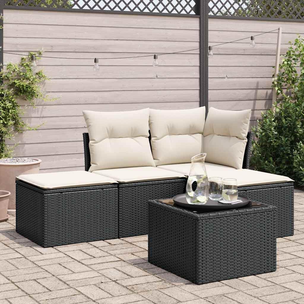 5 Piece Garden Sofa Set, Black Poly Rattan, Cream Cushions, Outdoor Patio Furniture Set, Durable Steel Frame, Balcony Dining Seating