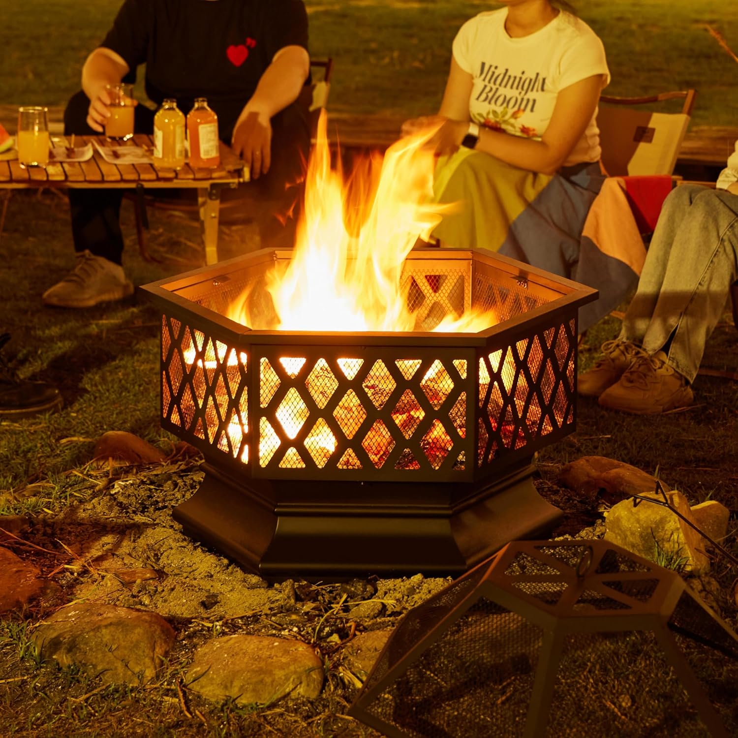 Topeakmart Portable Fire Pit Outdoor Firepit with Mesh Sides Cover Poker Steel Heater Fireplace Wood Burning Pit Hexagon Shaped Fireplace Metal Brazier 24in