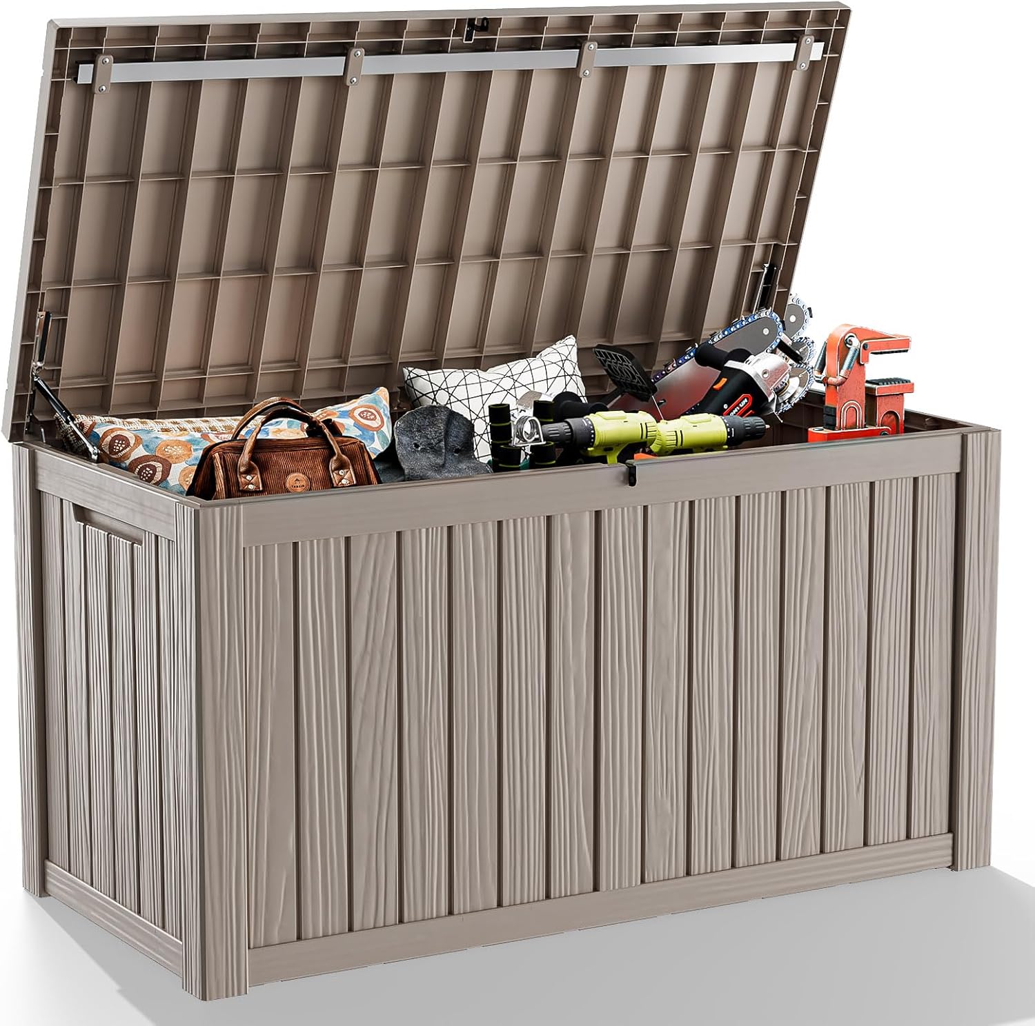 EasyUp 180 Gallon Outdoor Storage Box, Resin Waterproof UV-Resistant Deck Box with Hydraulic Lid Support, Reinforced Stability for Patio, Garden, and Poolside, Gray