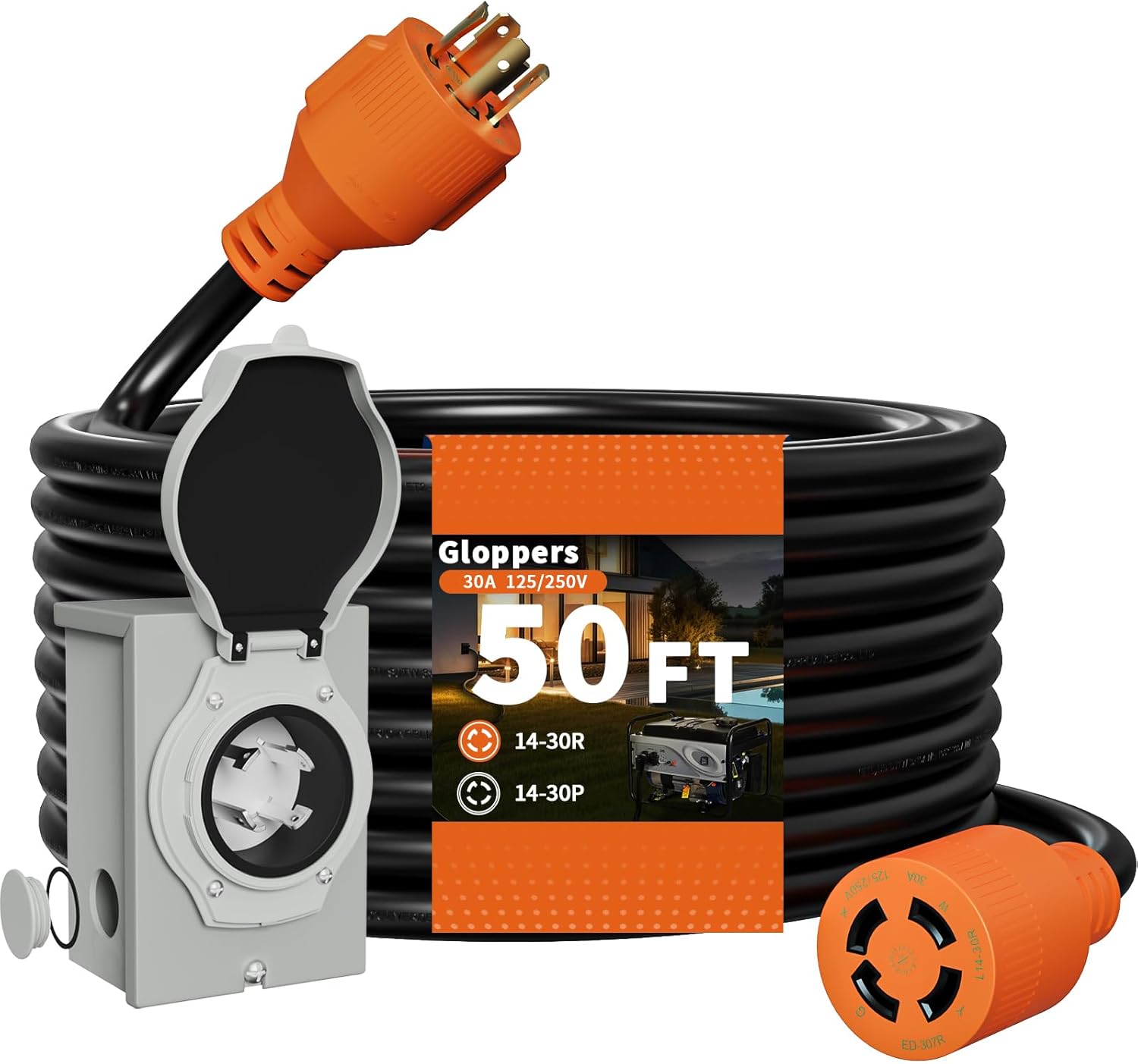 30 Amp Generator Cord and Power Inlet Box, 50FT 125V/250V 4 Prong SJTW Generator Extension Cord, Pre-Drilled 30 Amp Inlet Box Interlock Kit NEMA L14-30P to L14-30R Twist Locking ETL Listed