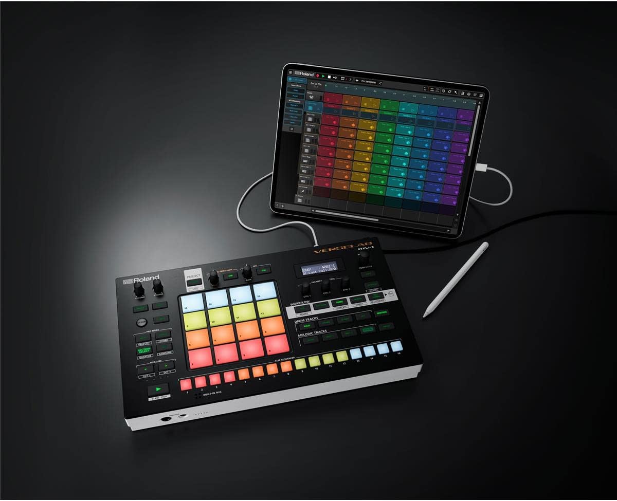 Roland VERSELAB MV-1 ZEN-Core Professional Song Production Studio for Songwriters and Singers. 4x4 pads and TR-REC Step Sequencer for drums, basslines, and melodic parts.