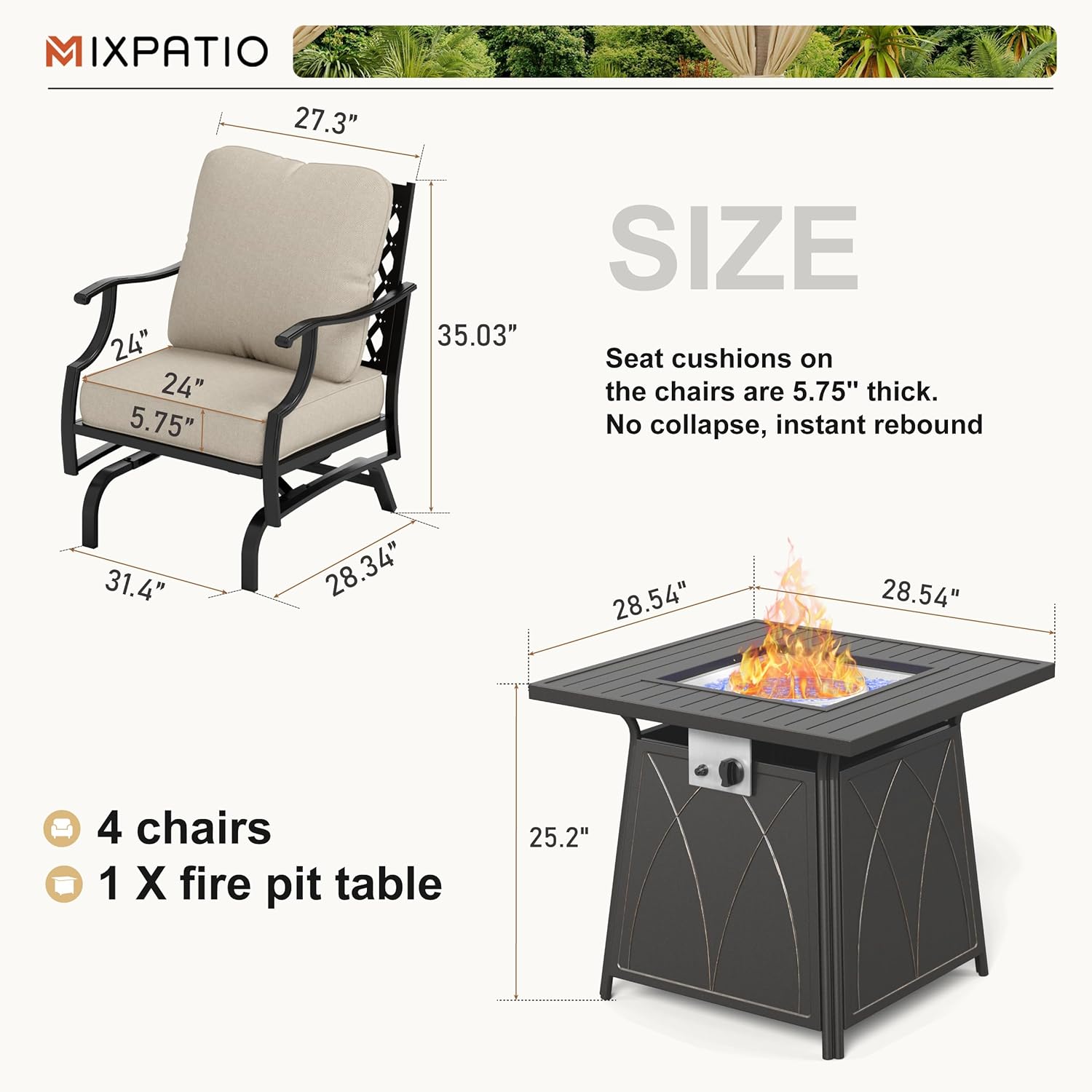 Patio Furniture Set with Firepit Table, 5 Pcs Metal Outdoor Conversation Set, 4 Rocking Chairs with 5.75