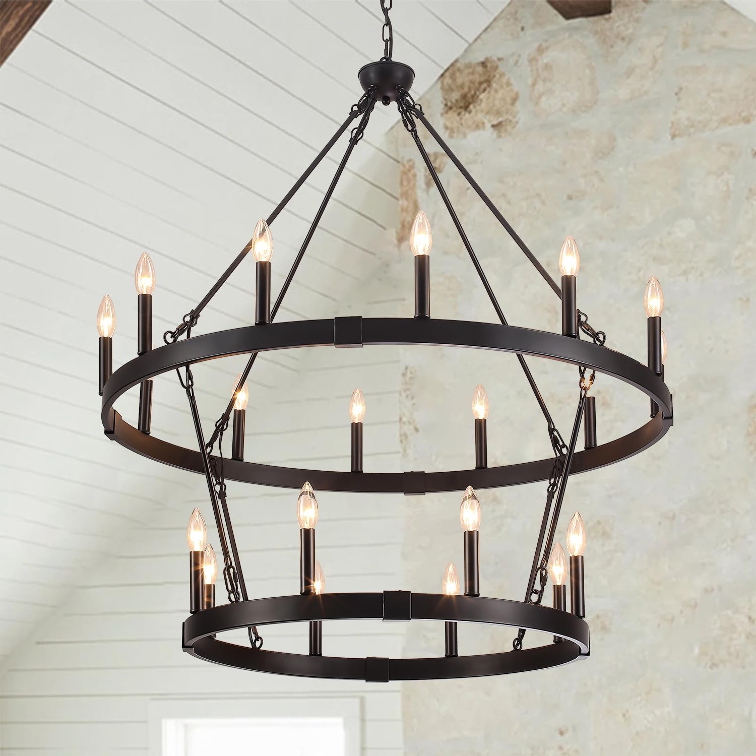 20-Light 2 Tier Black Wagon Wheel Chandelier, 38.19
