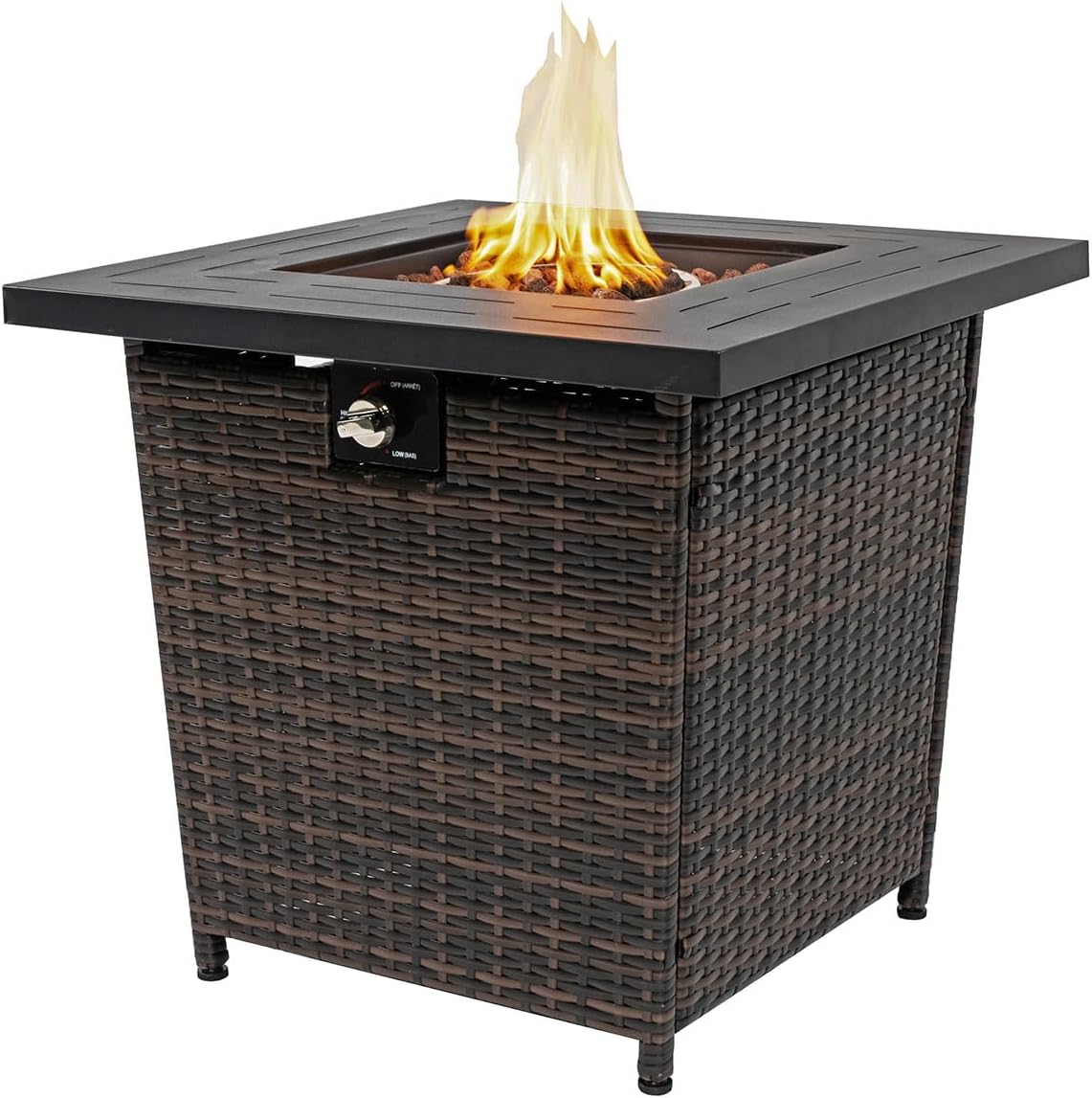 28'' Propane Fire Pit Table, 50,000 BTU Fire Table with Brown Wicker, Laval Rocks, Inclined Leg Design.