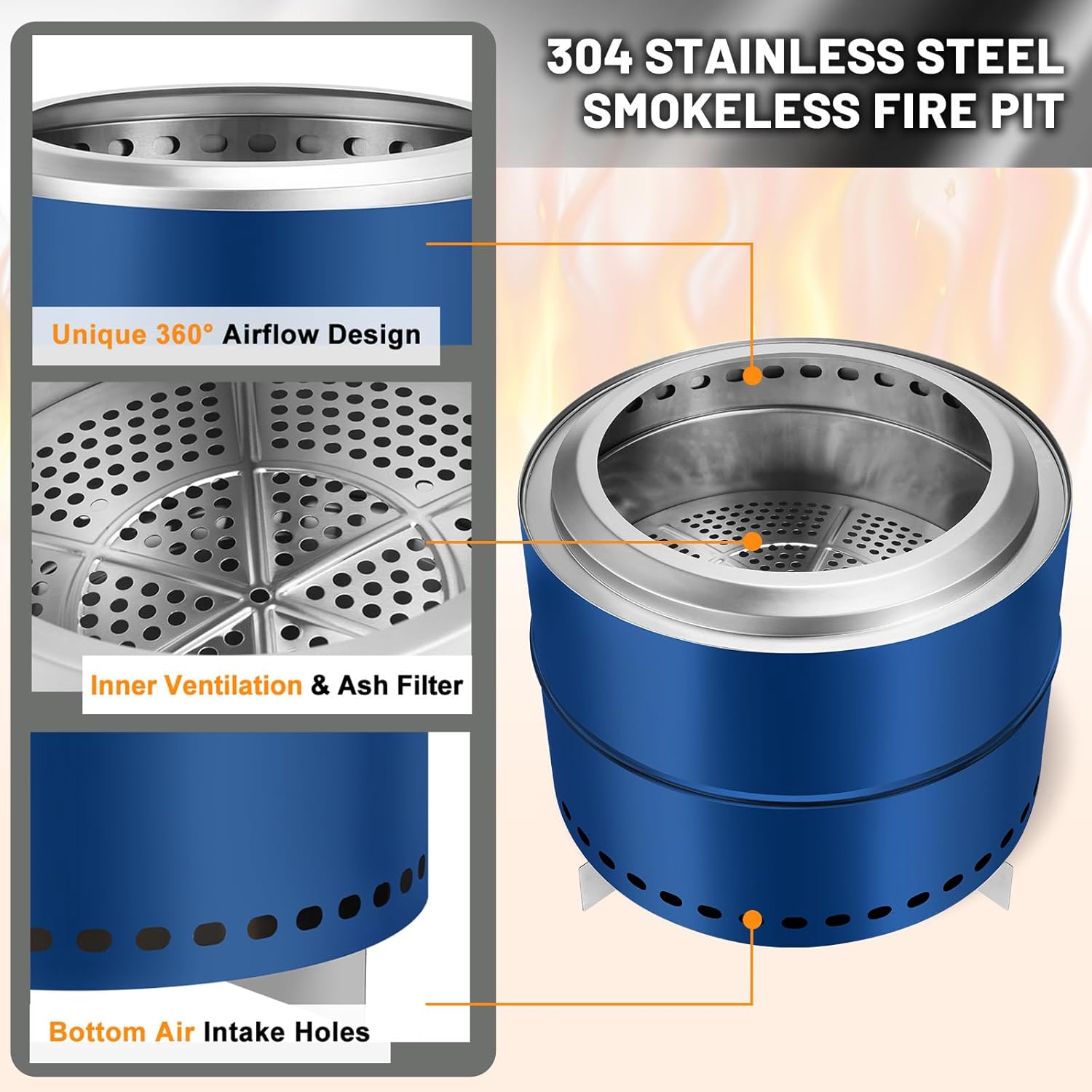 GarveeLife Smokeless Firepit, 20 in Stainless Steel Outdoor Portable Fire Pit with Removable Ash Pan and Carry Bag, Wood Burning Firepits for Outside with Stand, Ideal for 4-6 People, Blue