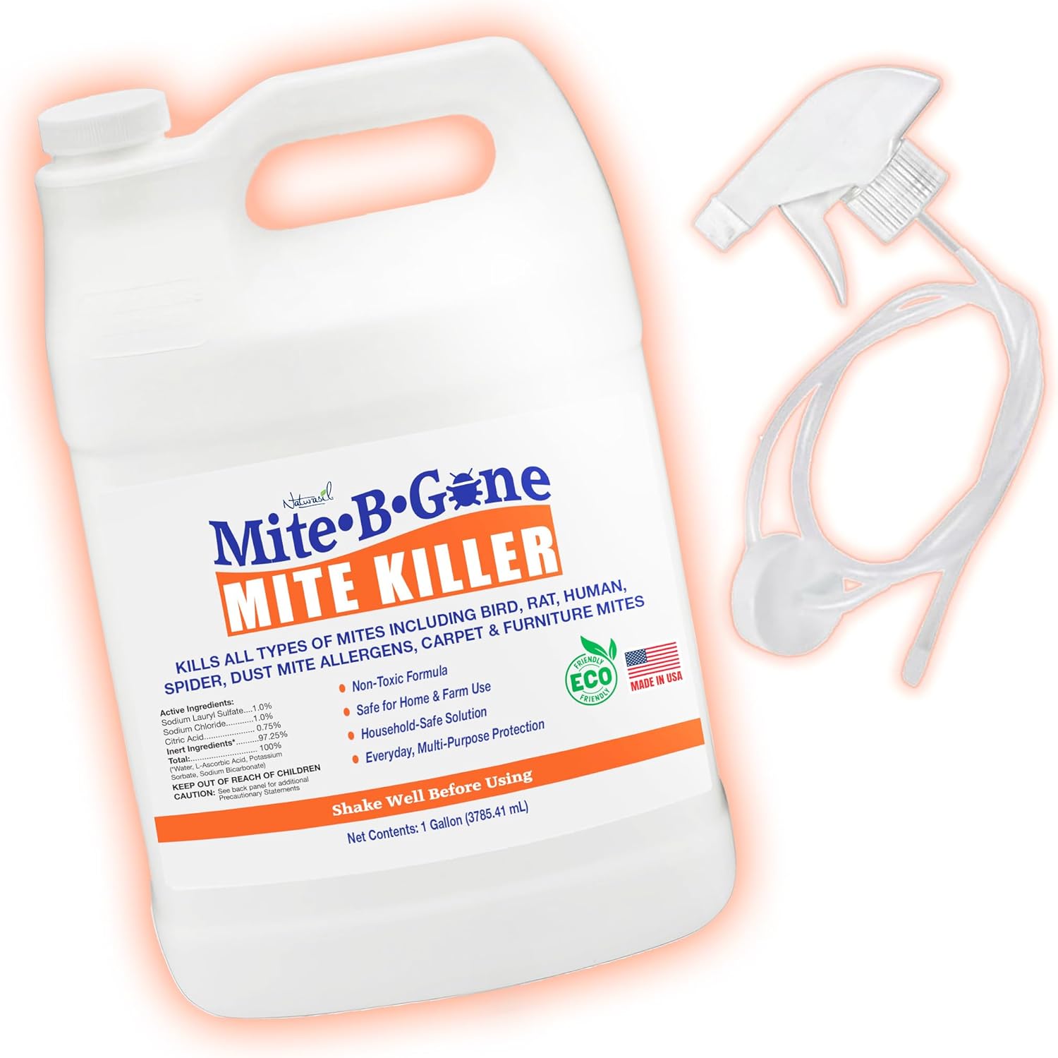 Mite Killer Spray - 1 Gal Natural Mite Treatment Kills Human, Dust, Chicken, Poultry, Bird, Carpet & Rat Mites in Homes and Farm | Family & Pet Safe by Mite-Be-Gone