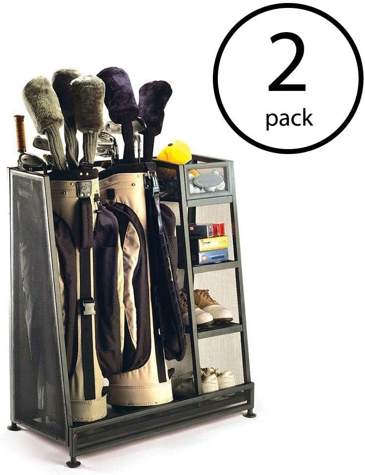 Suncast Garage Golf Bag Shelf Organizer with Leveling Feet and 5 Inch Bin for Club, Ball, and Accessory Storage, 2 Pack
