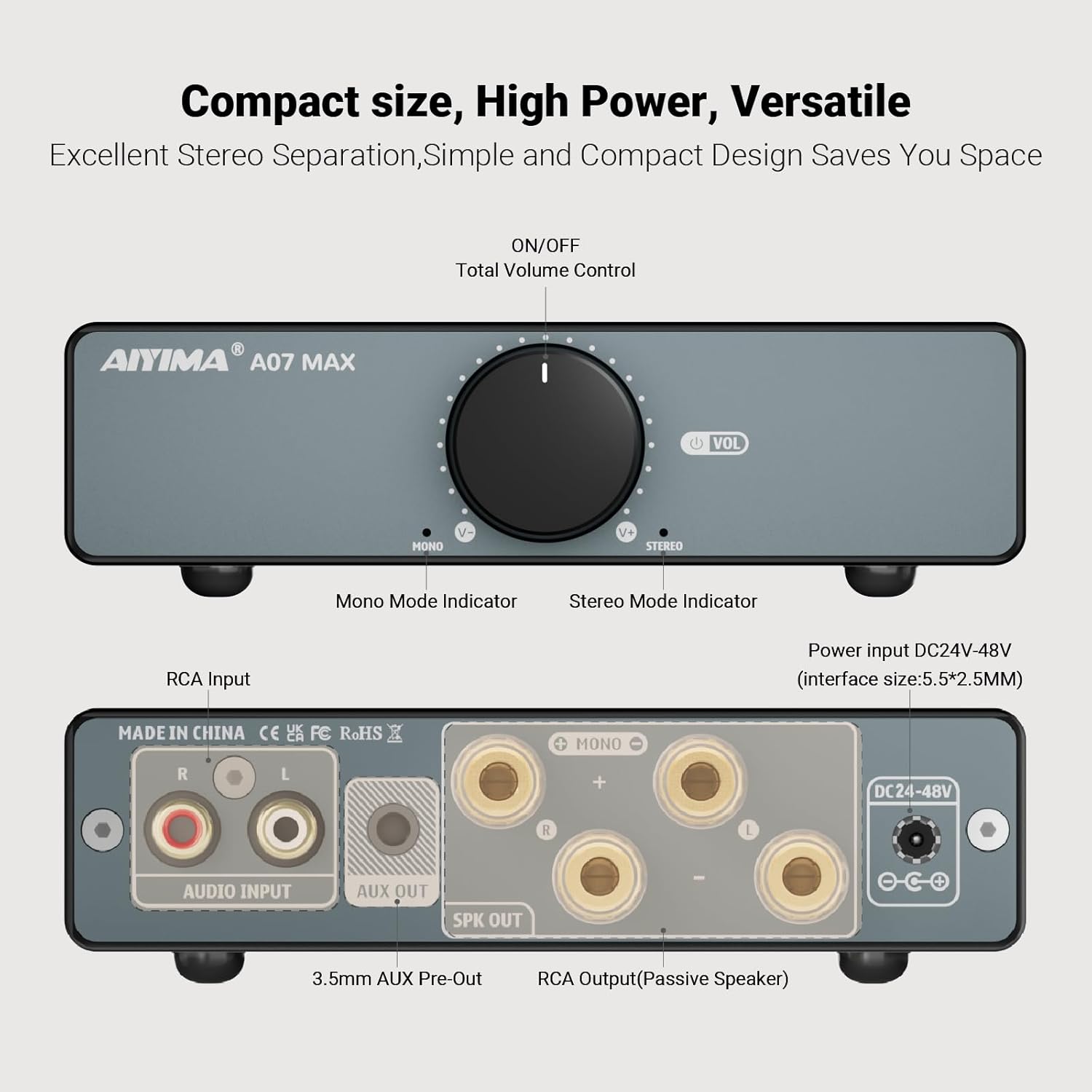 AIYIMA A07 MAX 2 Channel Stereo Amplifier Home Audio 300W*2 TPA3255 Class D Power Amp/Bridgeable Mono Amplifier 600 Watt with 3.5mm Line Output for Passive Bookshelf Speakers+DC36V 6A Power Adapter