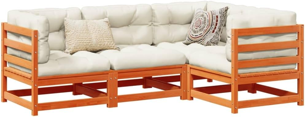 4 Piece Patio Sofa Set with Cushions Wax Brown Solid Wood Pine,Sturdy and Comfortable Outdoor Pinewood Sofa Set for Patio, Garden, or Terrace Patio Furniture Sets
