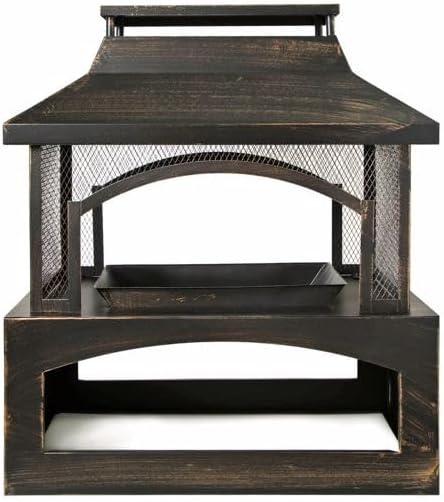 Rectangular Metal Outdoor Wood Burning Fireplace with Built-in Log Storage & Poker, Brushed Bronze Log Burner Fire Pit for Patio, Garden, Backyard