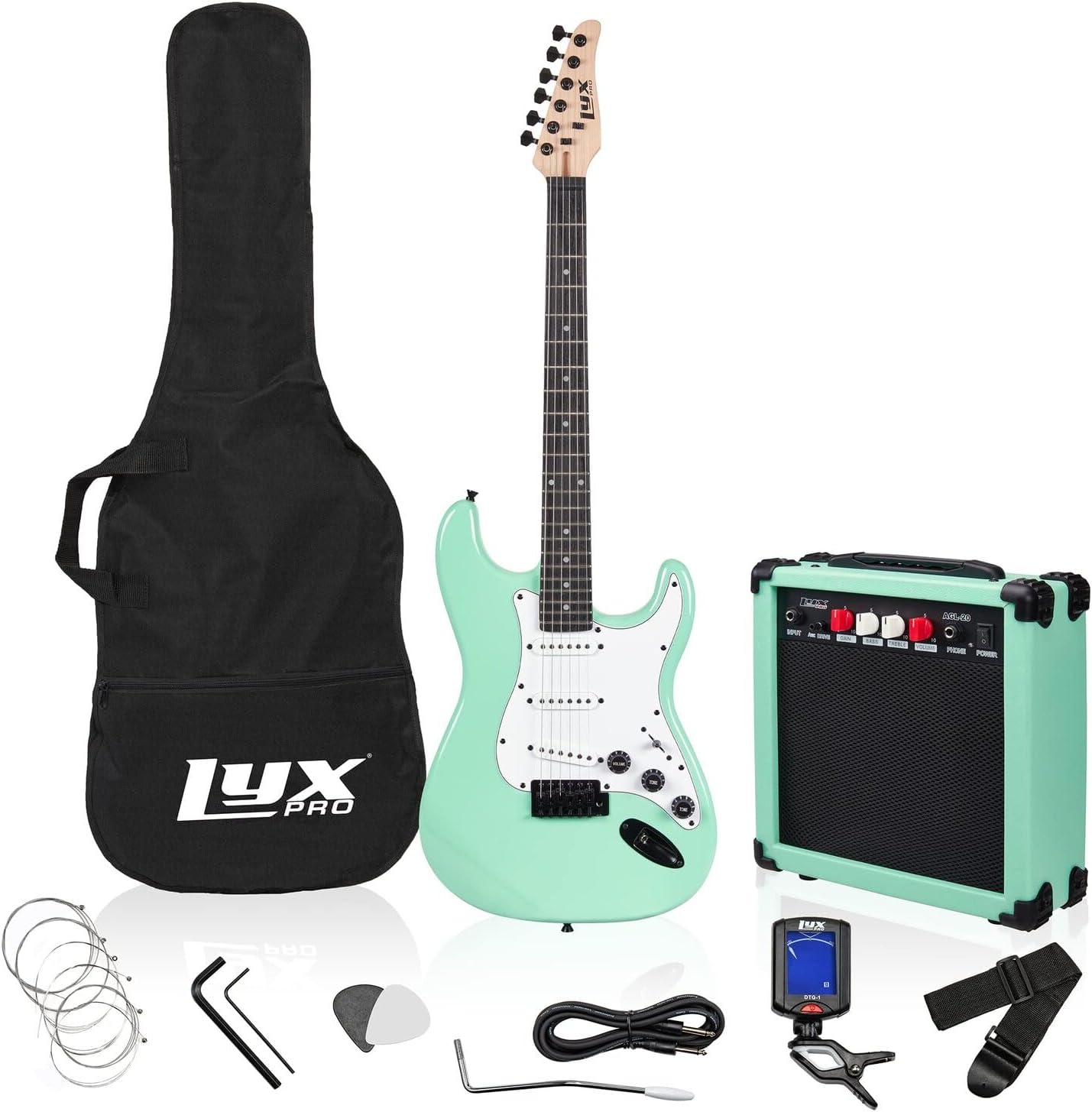 LyxPro 36 Inch Electric Guitar and Kit for Kids with 3/4 Size Beginner’s Guitar, Amp, Six Strings, Two Picks, Shoulder Strap, Digital Clip On Tuner, Cable and Soft Case Gig Bag -Green
