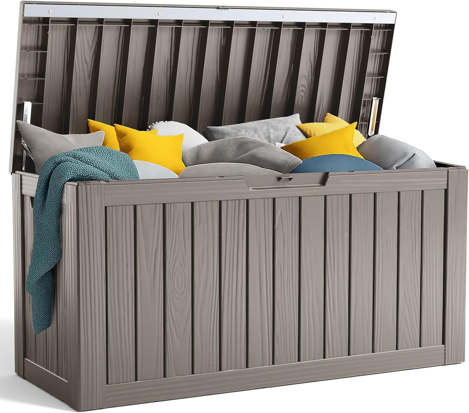 90 Gallon Resin Deck Box, Lockable Patio Outdoor Storage Box for Furniture, Garden Tools and Tools Storage, Waterproof Outside Storage Boxes - Grey