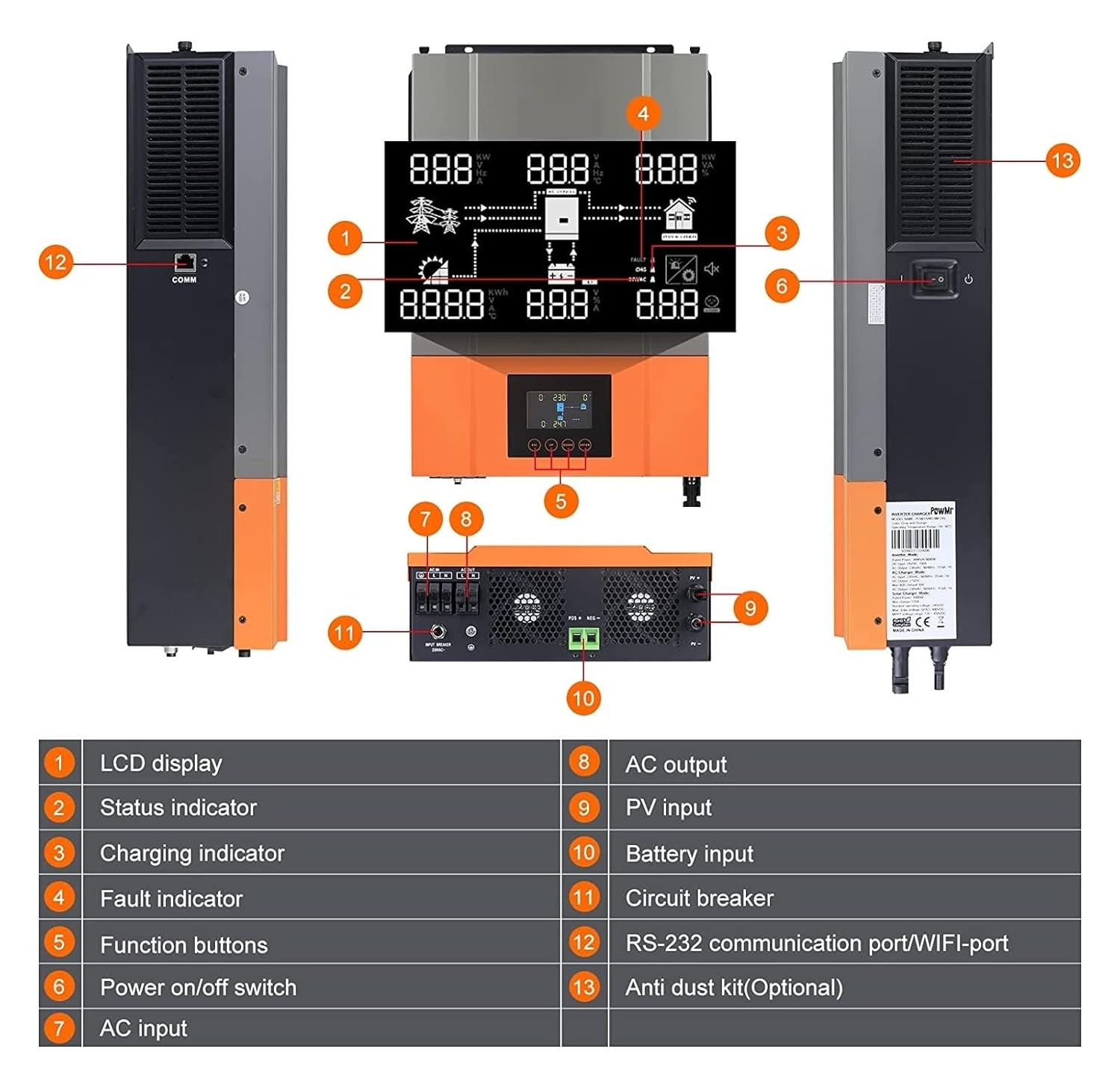 Solar Controller, 6.2KW Hybrid Solar Inverter Pure Sine Wave Inversor 48V 230VAC PV Input Max 500vdc MPPT 120A Solar Controller Support Li(6.2KW Without WiFi)