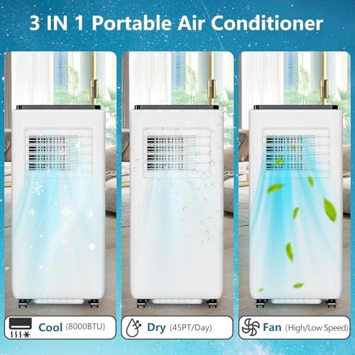 8000 BTU Portable Air Conditioner for Room up to 350 Sq.Ft 3-in-1 AC Unit with Cooling Dehumidifier & Fan Modes Ultra-Quiet 24H Timer Remote Control LED Display Easy Install with Window Kit for Bedroo
