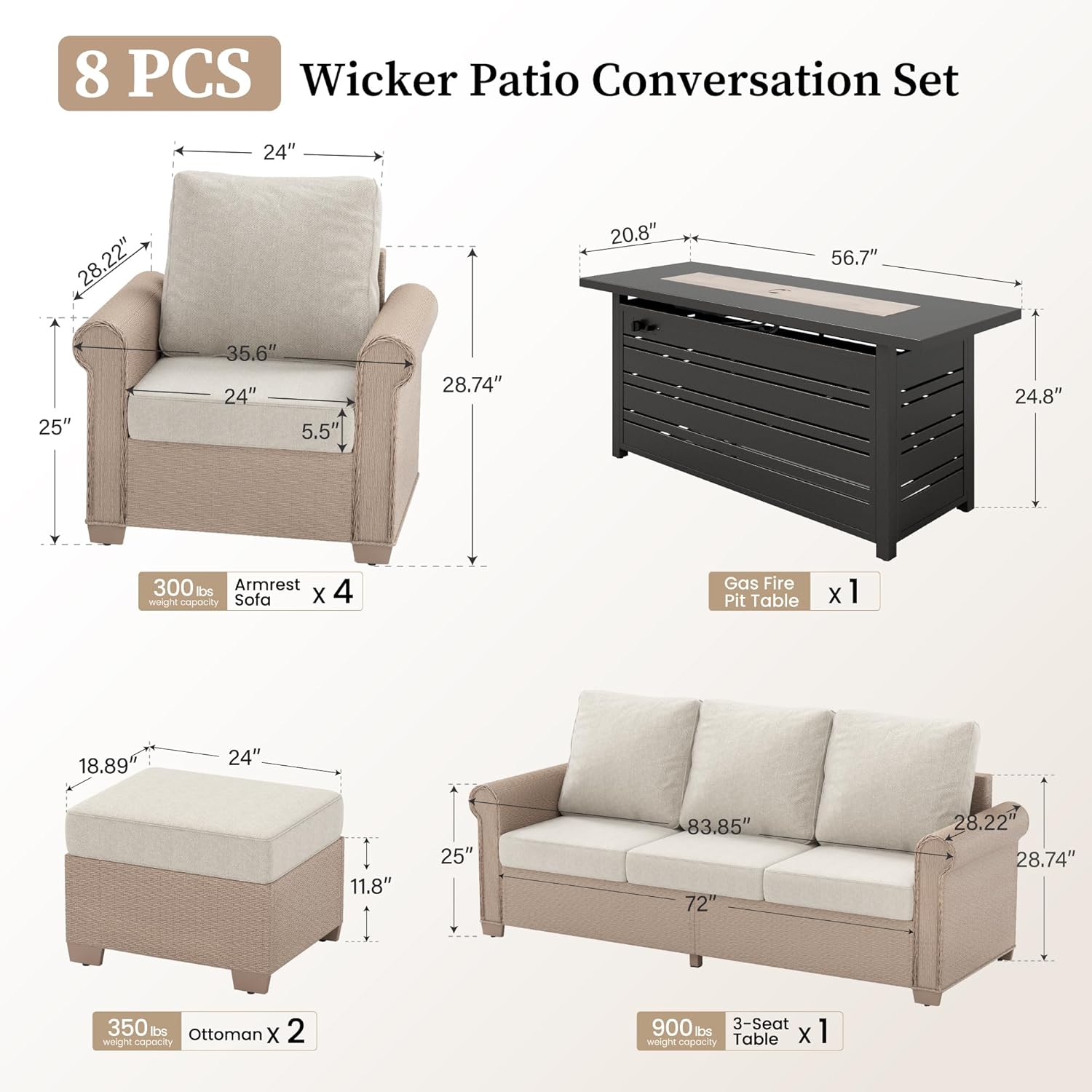 Patio Furniture Set 8 pcs, Wicker Rattan Outdoor Furniture with 5.5