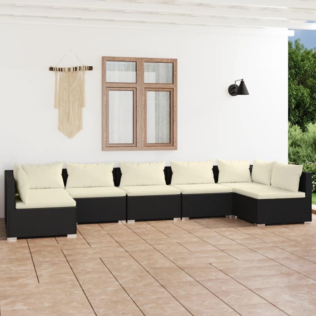 7 Piece Patio Lounge Set with Cushions Poly Rattan Black Garden Furniture
