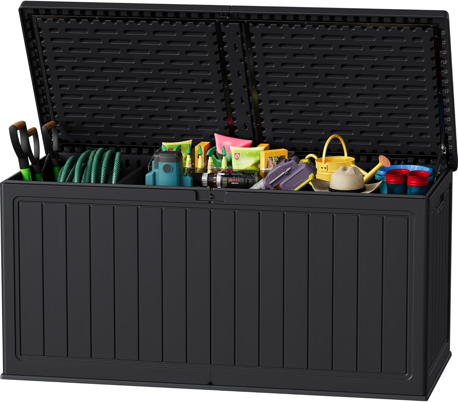 JUMMICO 270 Gallon Outdoor Storage Deck Box with Divider, Double Wall Storage Box with Lockable Lid for Garden Tools, Pools Supplies (Black)