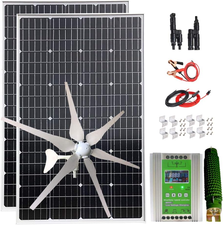 640W Solar Wind System with 12V/24V MPPT Hyrbid Charge Controller: 2pcs 120 Watt Monocrystalline Solar Panel + 400W Wind Turbine Generator + Z Brackets +Cables