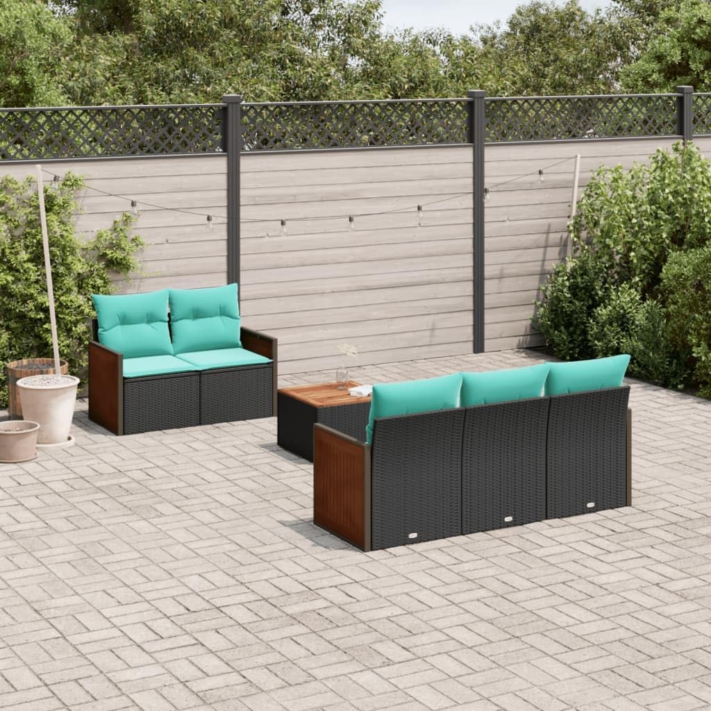 6 Piece Patio Sofa Set with Cushions, Black Poly Rattan Outdoor Furniture, Modular Design with Storage, UV-Proof Garden Table and Chairs