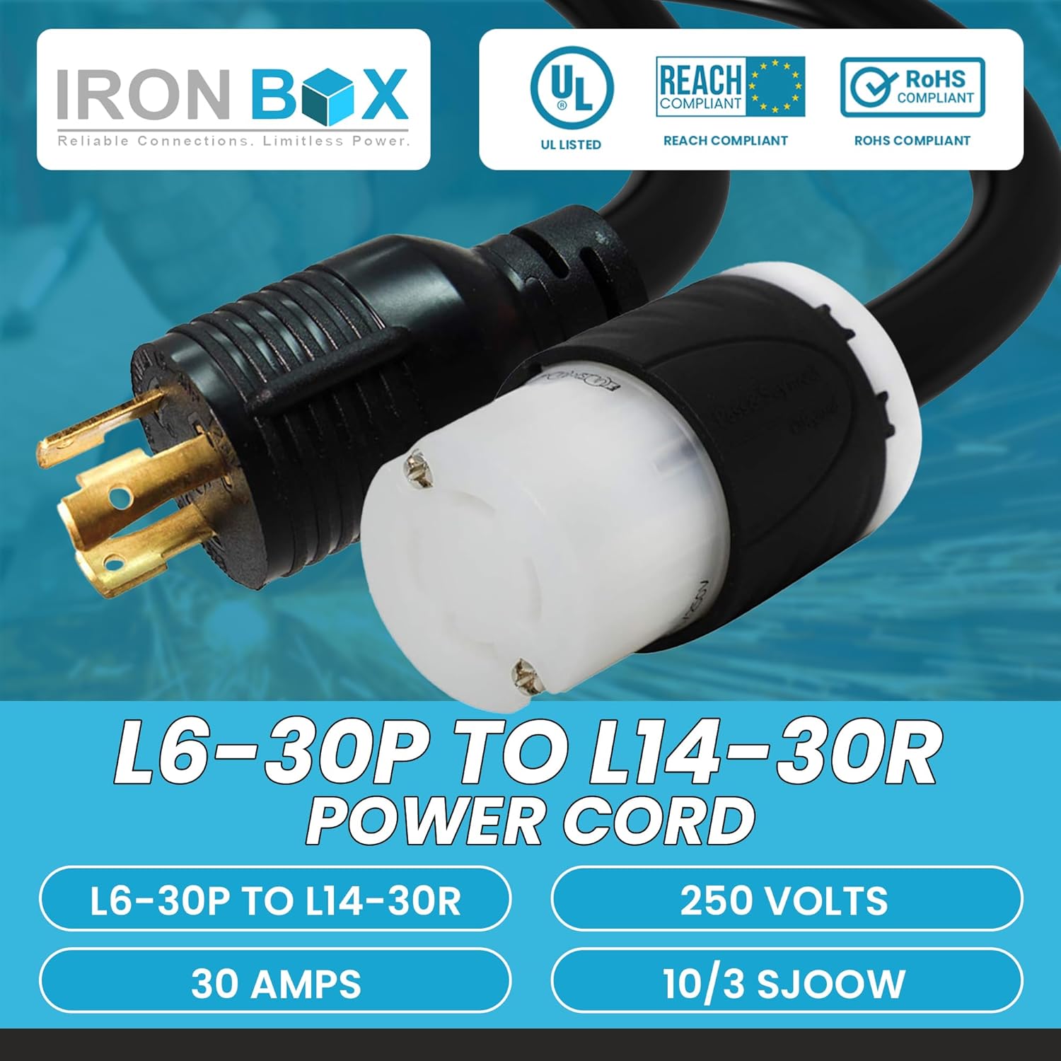 IronBox Electric L6-30P to L14-30R Power Cord - 30A, 250V, 10/3 SJOOW - UL Listed Extension Cord - Heavy Duty Adapter Cables for Generator, Transfer Switch, RV, Data Center & More (25ft, Custom Build)
