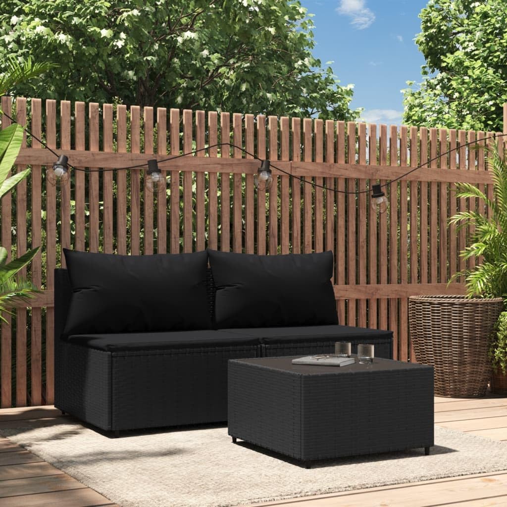 Patio Furniture, 3 Piece Patio Lounge Set with Cushions Black Poly Rattan
